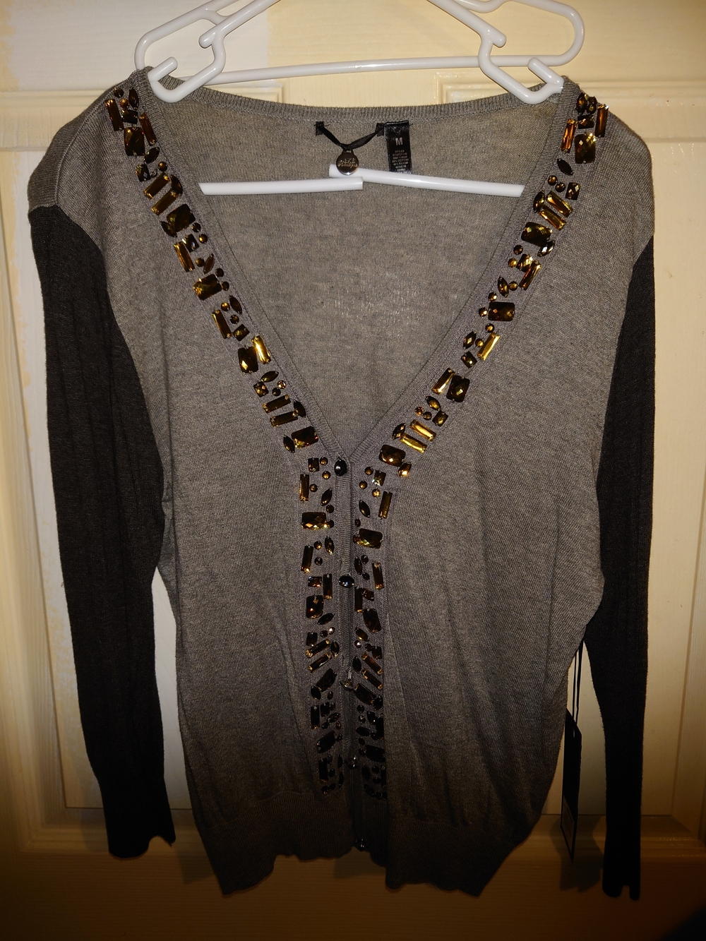 BKE Gray and Black Embellished V-Neck Cardigan